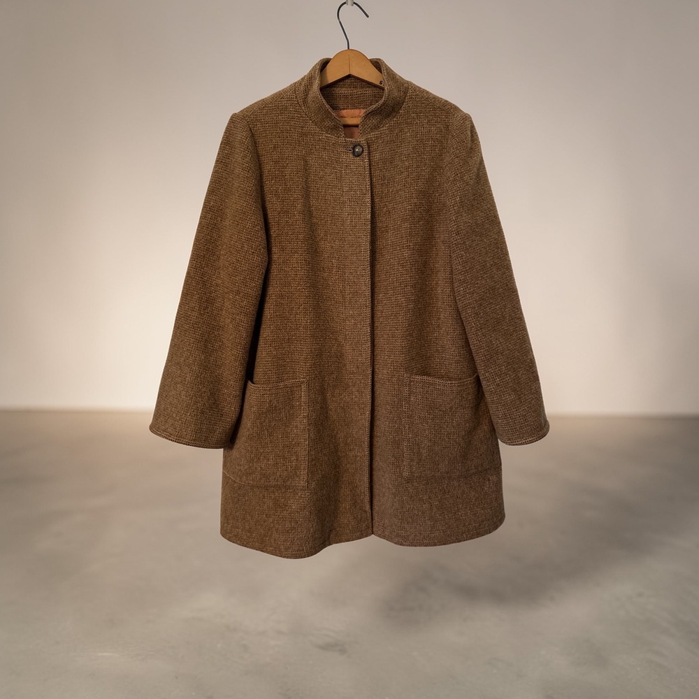 Herman Kay 100% Pure Wool Car Coat Brown Textured Mid Length Jacket Stand Collar